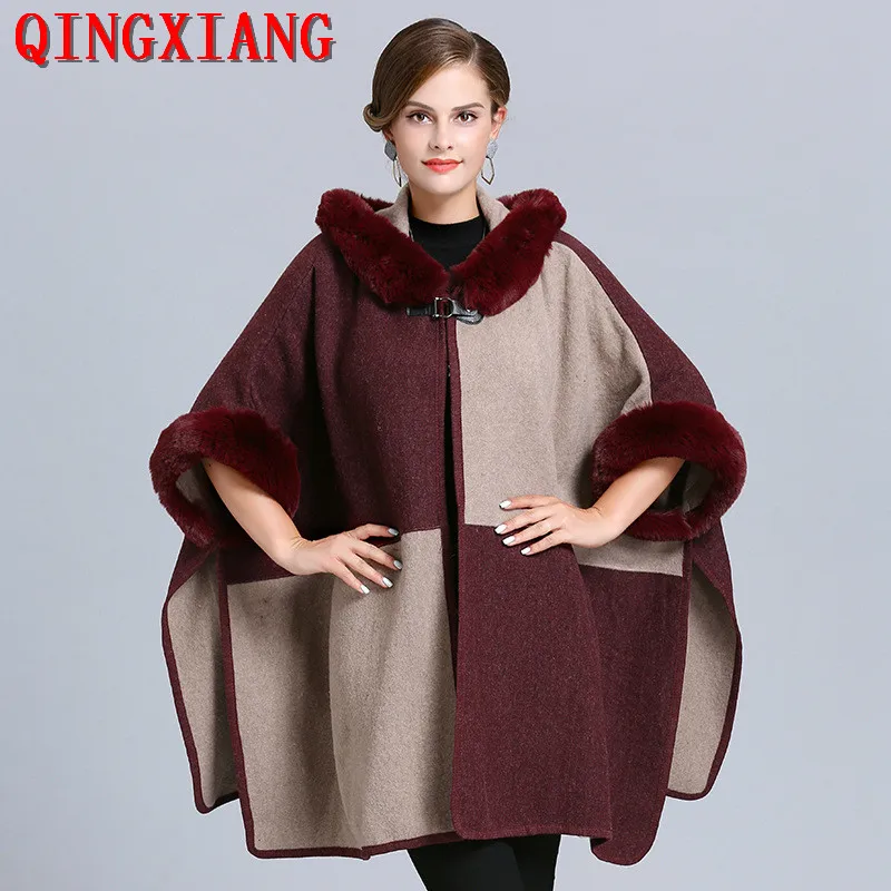 

2019 Wine Red With Khaki Poncho Long Faux Fur Neck Coat Women Loose Cardigan Winter Warm Thick Outwear Batwing Sleeves Big Cloak