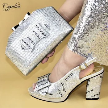 

Fashionable evening party high heel shoes and clutch bag set with rhinestones for lady 528-5 in silver, heel height 10cm