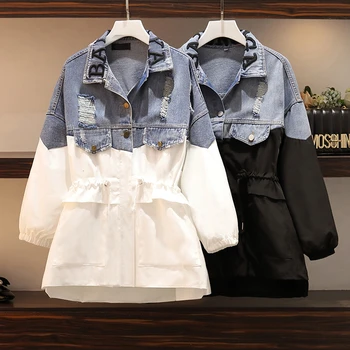 

Patchwork Denim Women's Windbreaker Lapel Lantern Sleeve Hit Color Drawstring Plus Size Coat Female 2019 Autumn Fashion X691