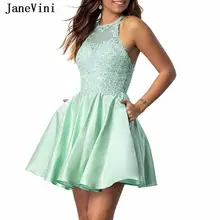 JaneVini сексуальное короткое Мятное платье для выпускного, на бретельках без рукавов с кружевным орнаментом, бисером и открытой спиной, Атласные Мини Вечерние платья для выпускного вечера