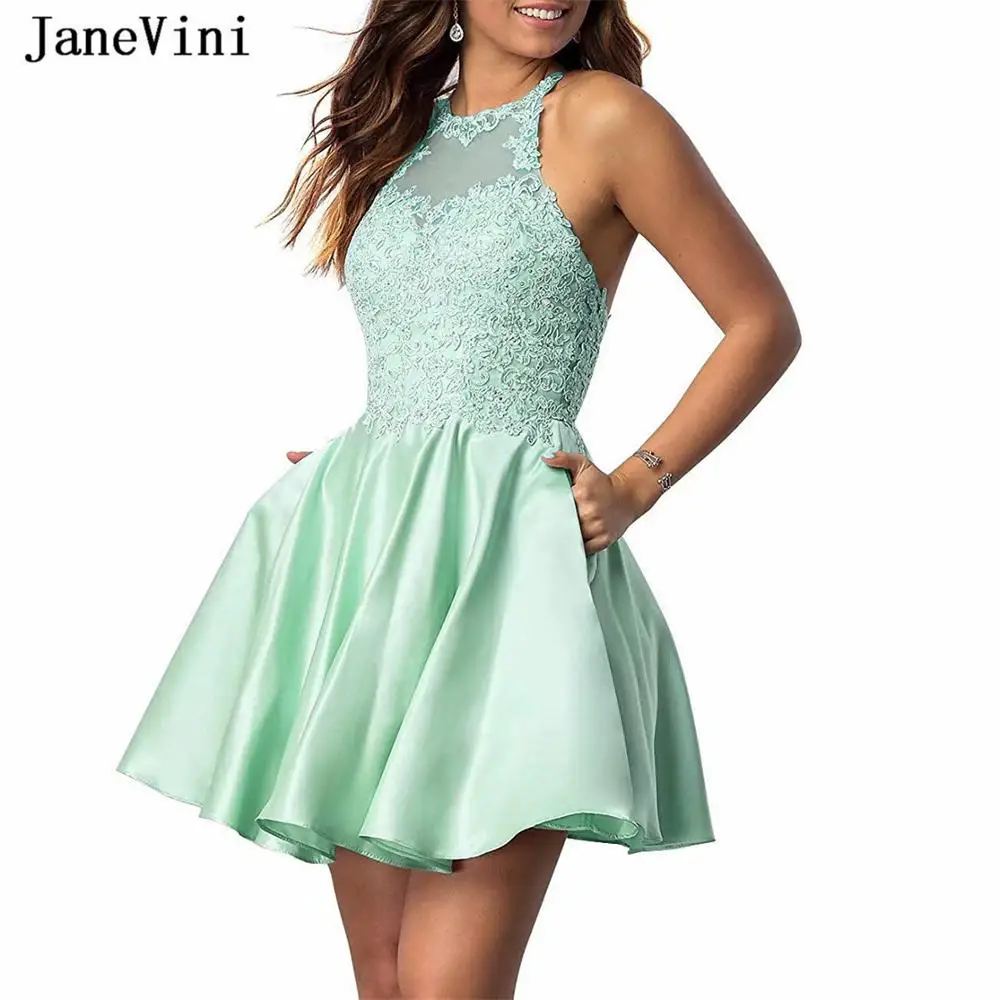 

JaneVini Sexy Short Mint Homecoming Dresses Halter Sleeveless Lace Appliques Beaded Backless A Line Satin Mini Prom Party Gowns