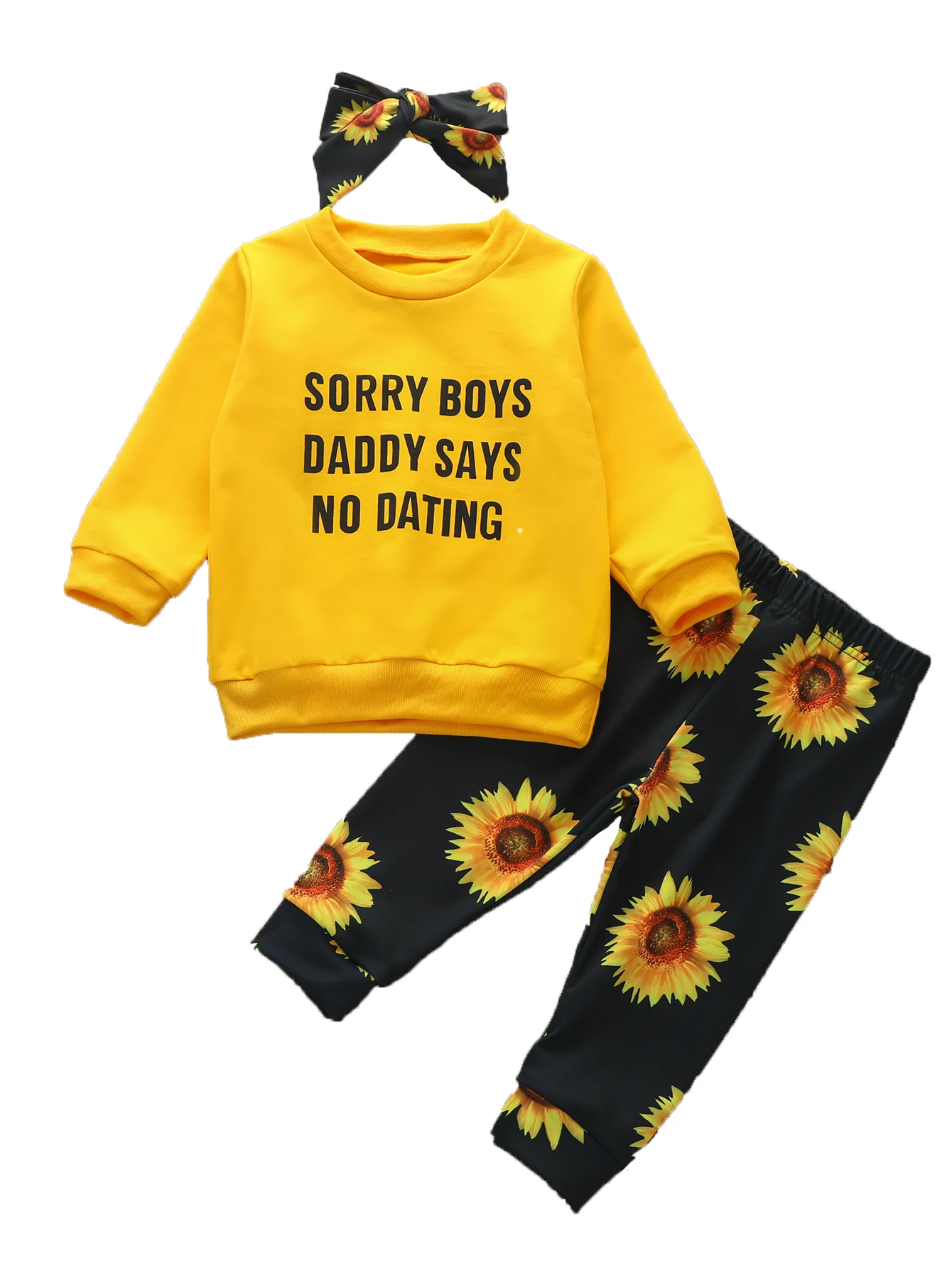 3 Pieces Baby Suit Set Letter Round Neck Long Sleeve T-Shirt+ Sunflower Pants+ Headband Yellow |