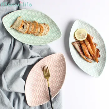 

Japanese Style Yaguang Printed Fish Plate Unglazed Coloured Leaf Dinner Platter Simple Vegetable Cooking Texture Sushi Plates