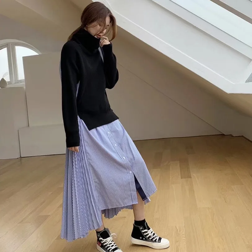 

2019 Autumn And Winter New Style Korean-style Scarf High Collar Hem Mixed Colors Joint Loose-Fit Slimming Long Sleeve Knitted Dr