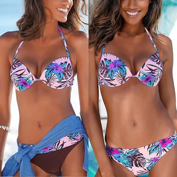 

Siman 2020 hard pack split bikini women's printed swimsuit sexy neck tie bikini