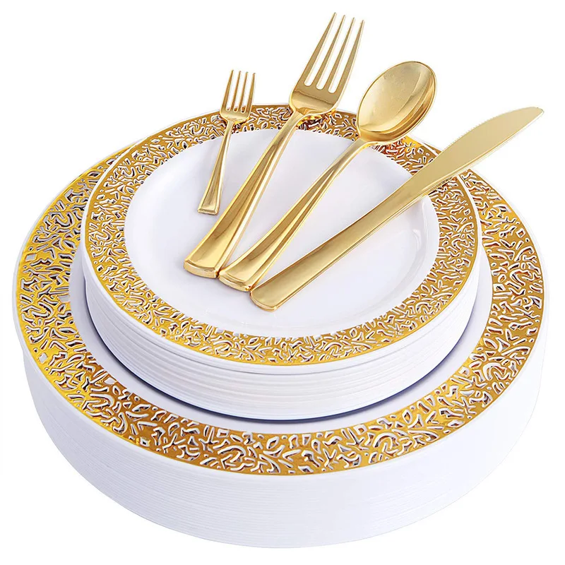 25 шт. одноразовые розовые Золотые пластиковые тарелки, вилки, Ножи Ложки, кружевные дизайнерские тарелки для свадебной вечеринки, золотые столовые приборы, вечерние принадлежности