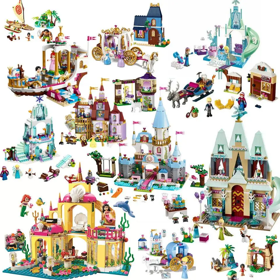 

Disney Princess Castle Building Blocks Snow Queen Elsa Anna Cinderella Ariel Figure Compatible Lepining Friend Bricks Toys Model