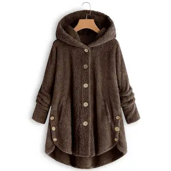

Winter women's warm solid color leopard warm warm plush button irregular hooded coat coat clothes