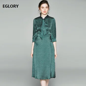

100%Silk Dress 2020 Summer Style Women Bow Collar Polka Dot Print 3/4 Sleeve Mid-Calf Length Casual Luxury Green Dress Clothing
