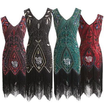 

Women 1920s Flapper Dress Art Deco Great Gatsby Dress Vestidos Sleeveless Flower Embroidered Tiered Fringe Sequin Dress DDT1321