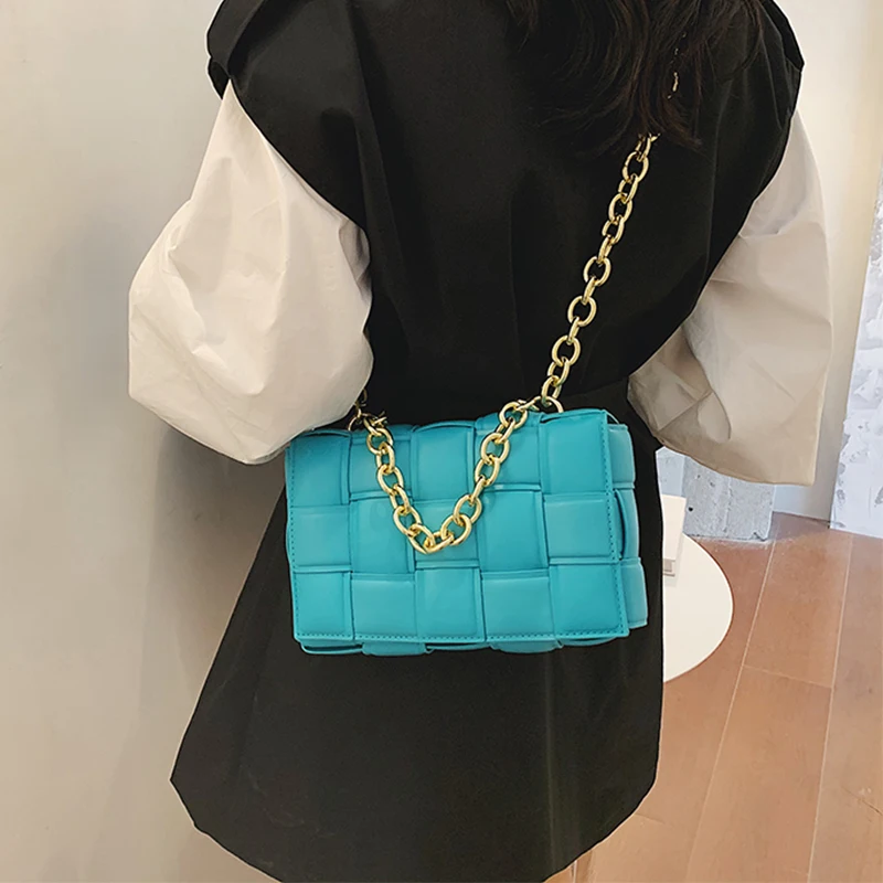 Tejido bolso de cuero A cuadros de mujeres bolsos cuadrado pequeño bolsos de hombro Tote mujeres cadena de oro Bolso saco principal Femme 2020