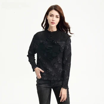 

LANMREM 2020 New Fashion Pattern Pleated Slim-fit Floral Casual Long-sleeved Round Colar Hollow Out Slim Thin T-shirt AD060