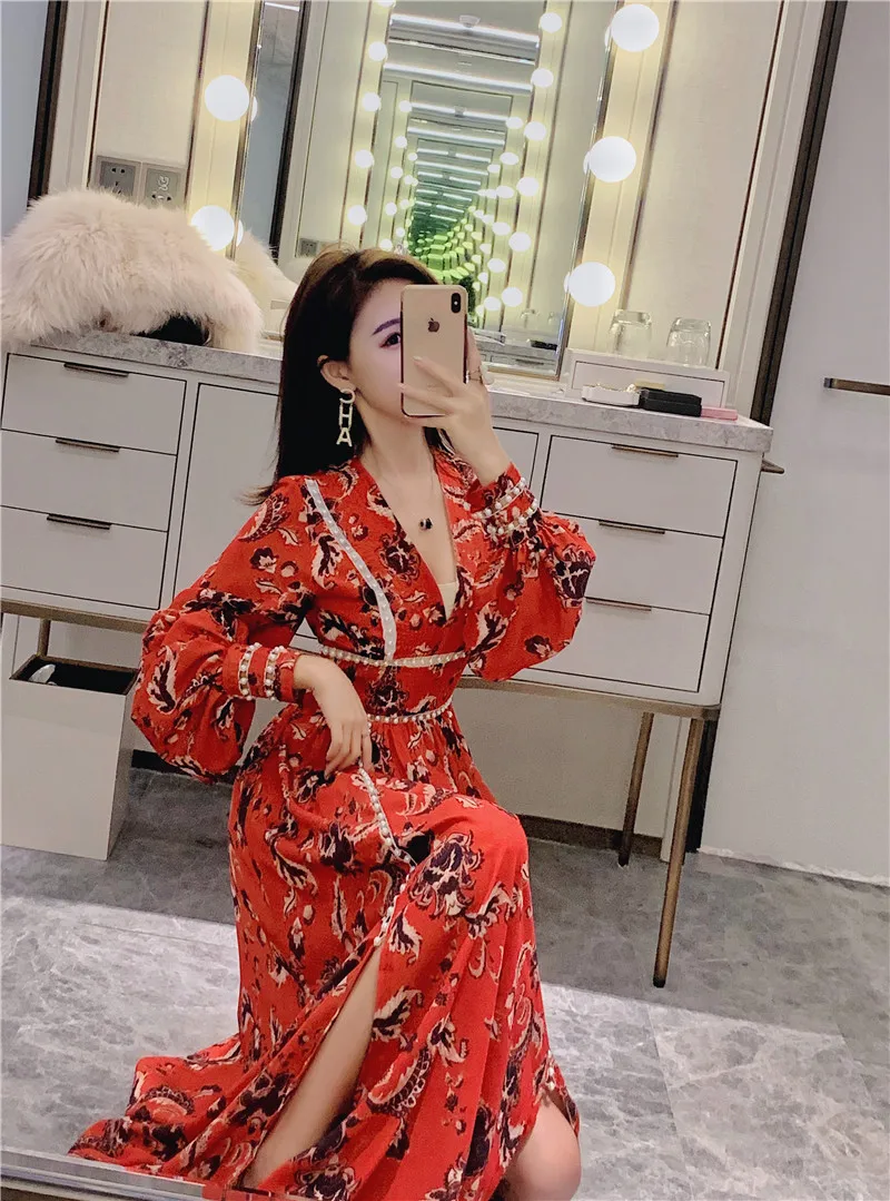 Женское Макси-платье, винтажное, Vestidos, Осеннее, женское, новое, с v-образным вырезом, с красным принтом, с жемчужинами, с разрезом, с длинным рукавом, Пляжное, длинное платье