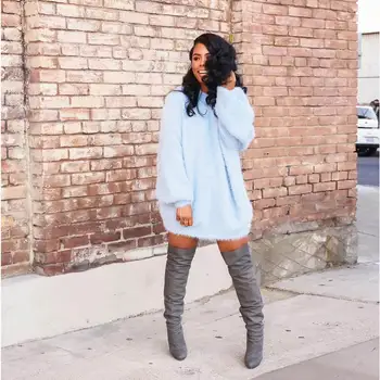 

2019 Women Winter Warm Long Sleeve Solid Sweater Pullover Short Mini Sweater Dress Cashmere Daily Wearing Mini Dress Fashion Top