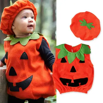 

0-3Y Newly Cosplay Halloween Toddler Baby Kid Pumpkin Print Sleeveless Romper Jumpsuits Tops+Hats Baby Clothes 2PCS Costumes