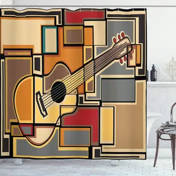 

Music Decor Shower Curtain Funky Fractal Geometric Square Shaped Background with Acoustic Guitar Figure Art Fabric Bathroom