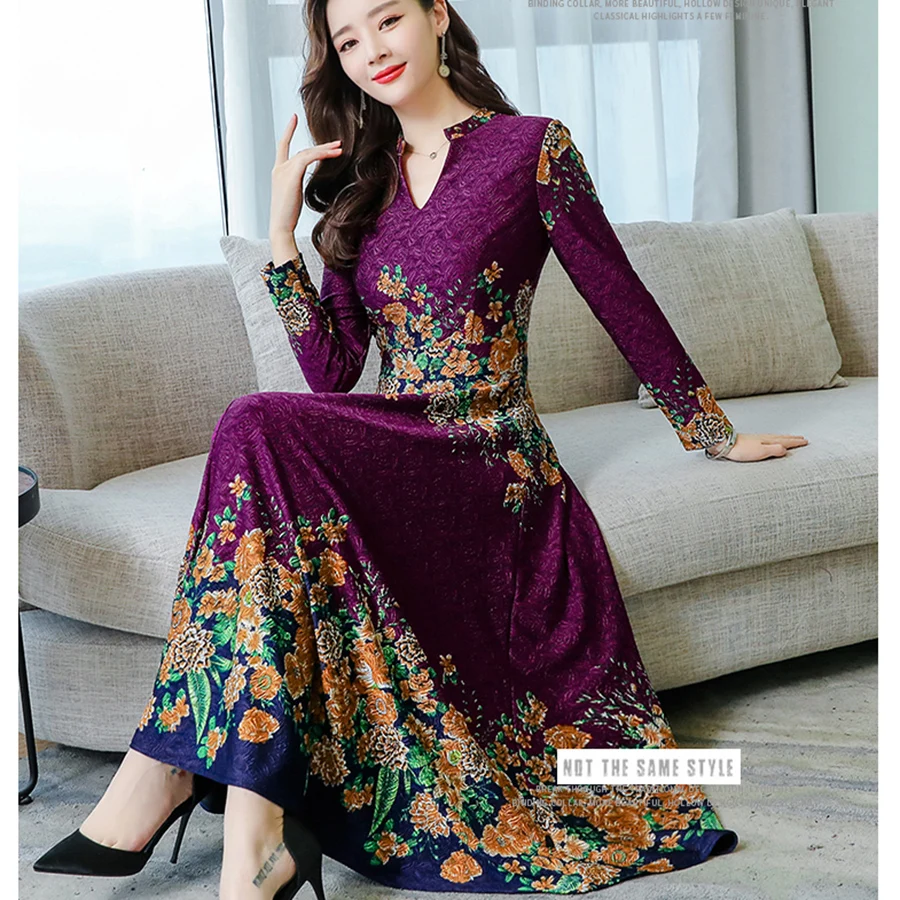 

2019 Vintage Red Floral Midi Dresses Autumn Winter New 3XL Plus Size Long Sleeve Maxi Dress Elegant Women Bodycon Party Vestidos