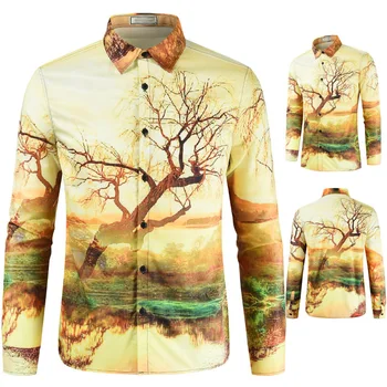 

New Summer Small Tree Print Shirt Men High Quality Casual Long Sleeve Floral Shirt 3D Printing top Shirt