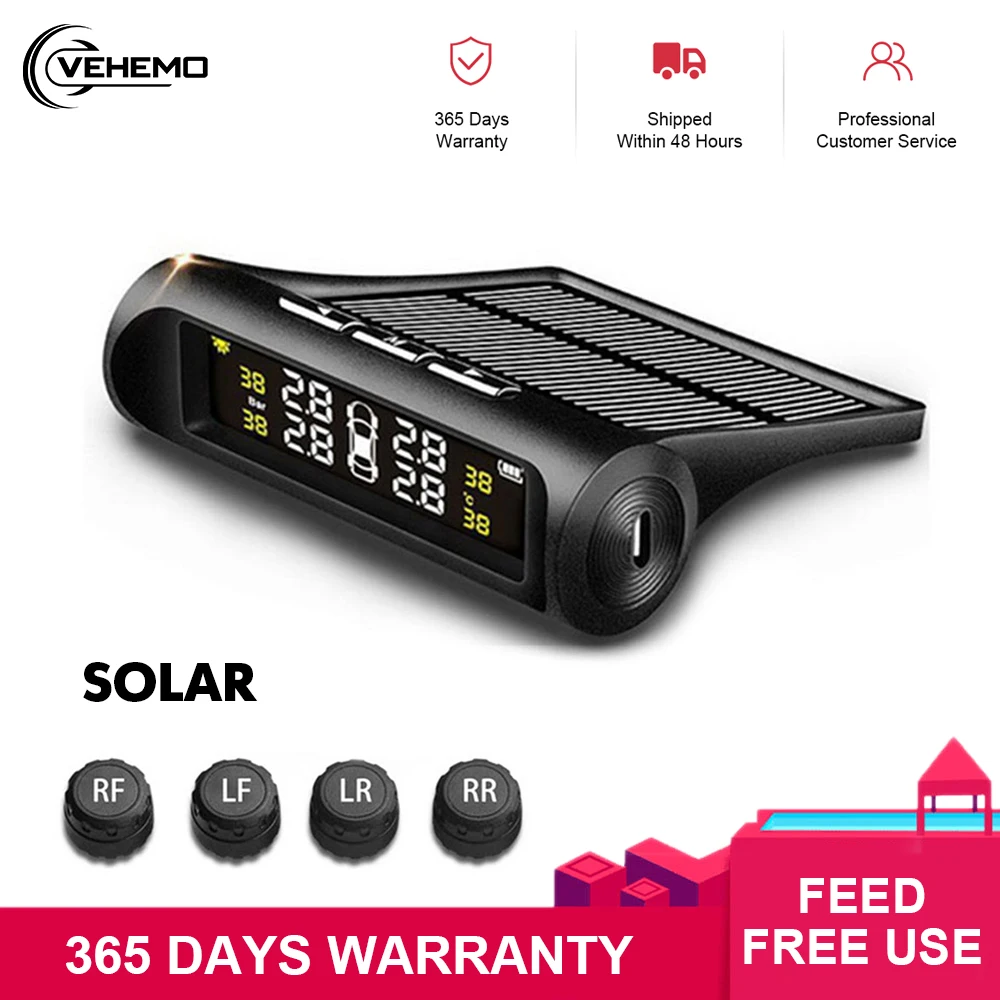 VEHEMO USB Солнечная энергия авто Беспроводная TPMS система мониторинга давления в