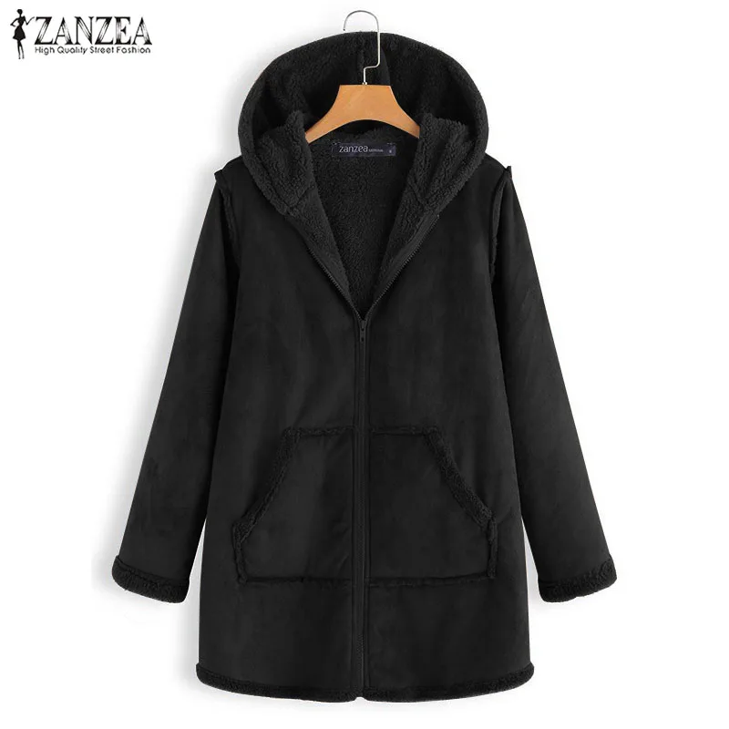 astounding  2019 Winter Solid Zipper Outerwear ZANZEA Hooded Fur Fluffy Warm Coats Autumn Women Casual Long Sle