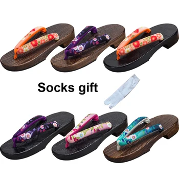 

Ethnic Japanese Traditional Shoes Woman Wooden Geta Clogs Slippers Floral 3D Sakura Print Wooden Round Toe Flip Flops Sandals