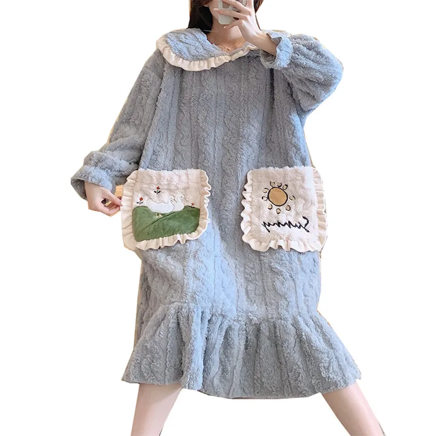 

Autumn Winter Women Long Sleeve Nightgown Ruffle Flannel Nightgowns Girls Night Dress Sleepwear Cute Princess Coral Fleece W1571