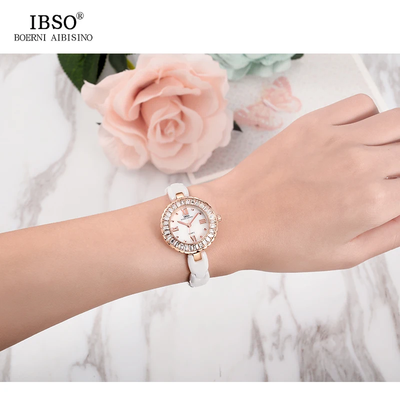 IBSO, женские часы, модные, с циферблатом, с керамическим ремешком, кварцевые наручные часы, женские роскошные часы с кристаллами, женские часы