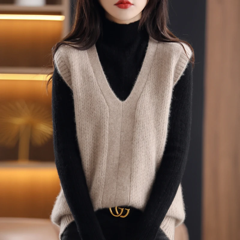 Chaleco de punto con cuello en V para mujer, ropa de lana pura, holgada, de moda, elegante, de alta, estilo coreano Simple| | - AliExpress