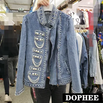 

Spring 2020 Vintage Heavy Industry Luxury Pearl Beads Cowboy Coat Stand Collar Hand Beaded Diamond Denim Jacket Woman Outwear