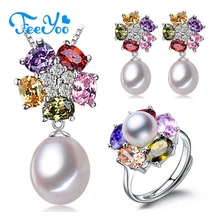 FEEYOO, 925 пробы, Серебряный набор, натуральный пресноводный жемчуг, ювелирный набор для женщин, серьги-гвоздики, ожерелье, богемное рубиновое кольцо