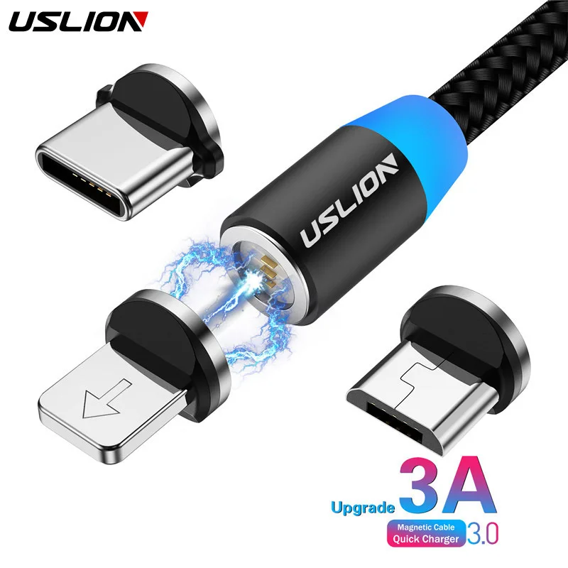 USLION 3A Fast Charging Magnetic USB Cable Type C Micro Cable LED Nylon Braided Type C Magnet Charger For Iphone XS 7 Samsung 1M|Mobile Phone Cables| - AliExpress