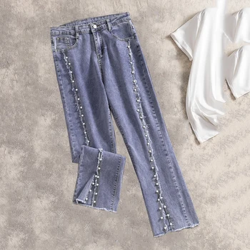 

Plus Size Women Denim Pants Beaded High Waist Jeans Women Spring Big Pocket Zipper Pants Spliced Split Casual Pants Trousers