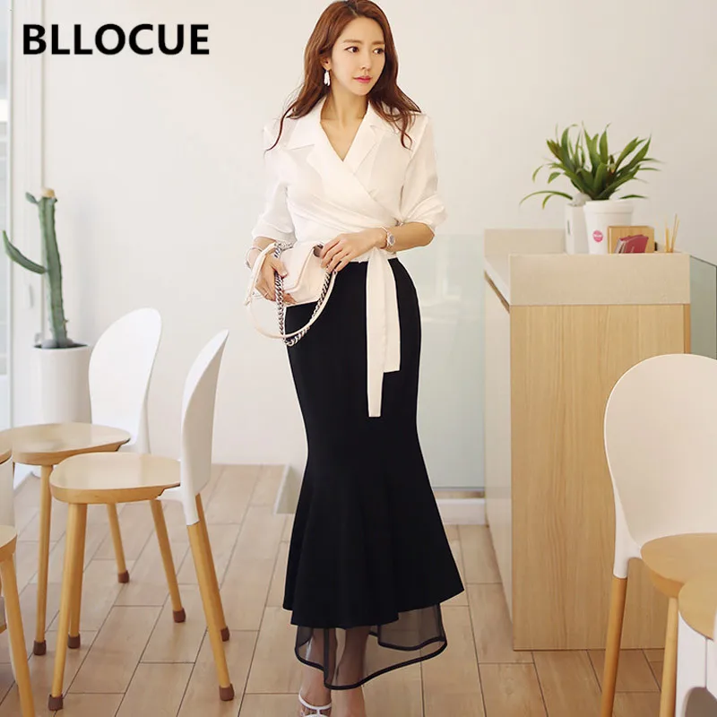 

BLLOCUE 2019 Autumn Korean Version Women 2 Piece Skirt Set Long Sleeve White Lace-up Bow Shirt+Mesh Splicing Mermaid Skirt Suit