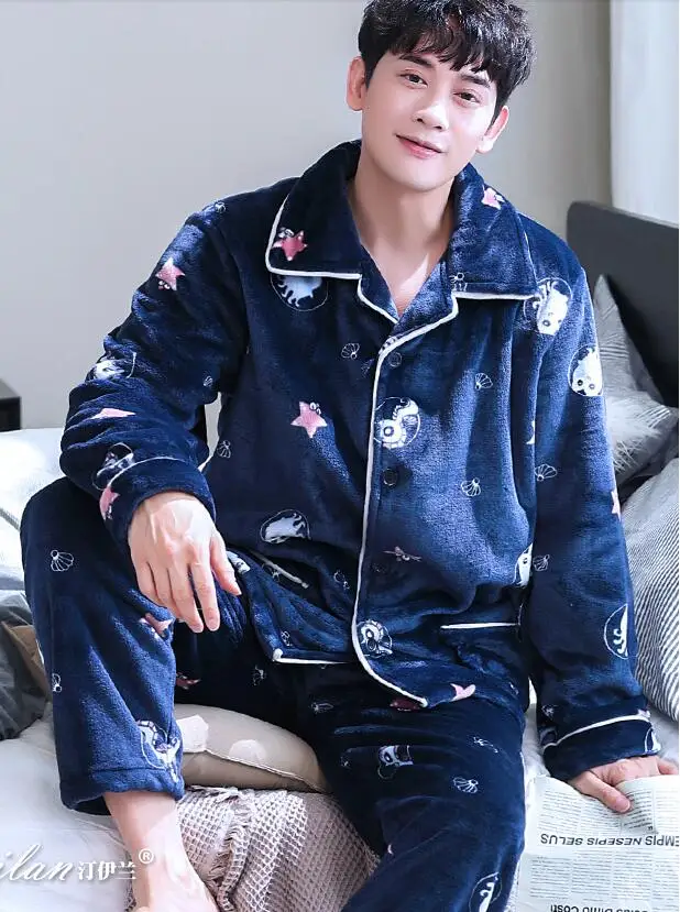 H5914 пижамы с принтом пера для мужчин утолщенная фланелевая теплая пижама костюм осень зима мужская плюшевая одежда для отдыха с длинным рукавом домашняя одежда