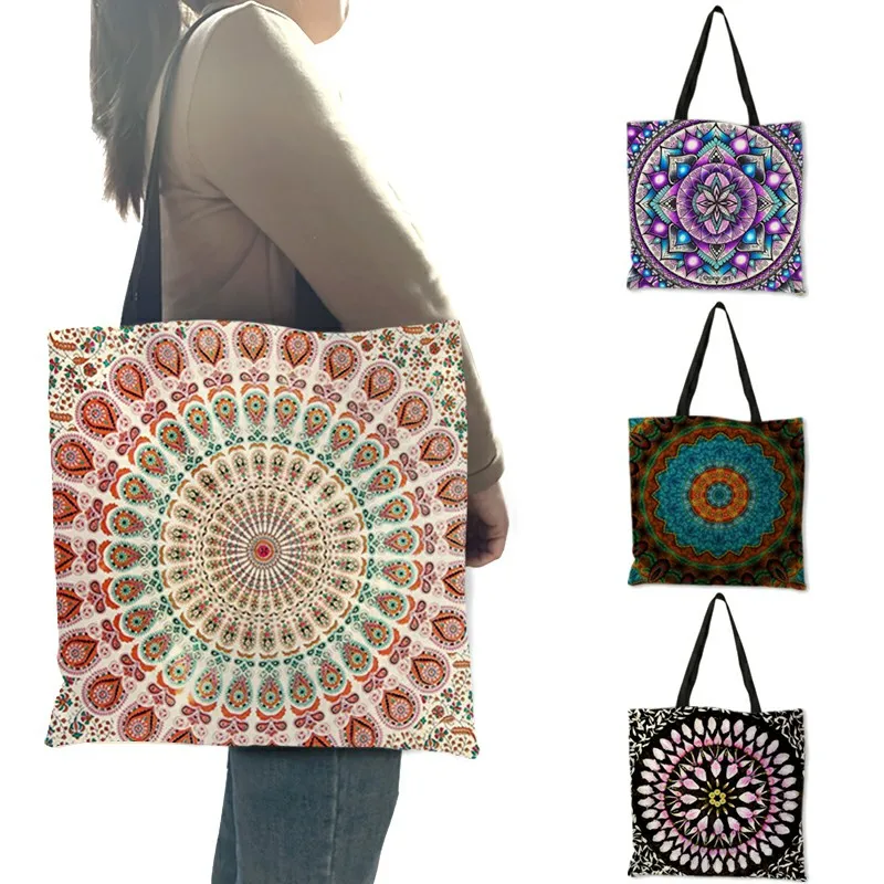 

Mandala Flower Fabric Tote Bags For Women Eco Linen Reusable Shopping Bag Folding Floral Print Handbags For Lady Traveling Beach