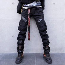 Черные брюки карго мужские и женские кожаные Лоскутные тактические брюки осенние многокарманные хип-хоп брюки Модные уличные W0093