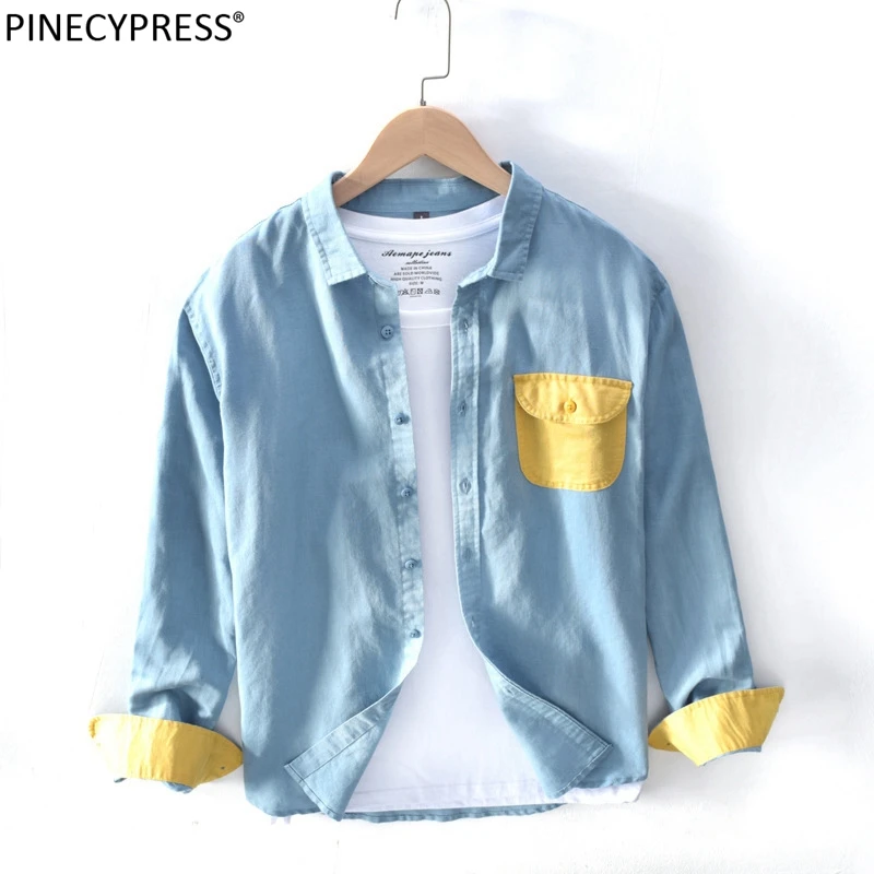 55% Linen 45% Cotton Anti-static Breathable Cool Patchwork Pocket Summer Long Sleeve Man Shirt Male Quality Fashion Men Shirts | Мужская