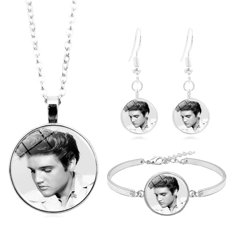 XHTZ0670-1 Elvis Пресли фото стеклянный кабошон Модный Ювелирный Набор серебряное ожерелье браслет серьги Ювелирные наборы для женщин Подарки - Окраска металла: XHTZ0670-1