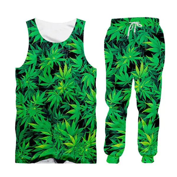 Tank Top set Большой размер S-6XL толстовки на молнии+ брюки для бега мужские комплекты из 2 предметов Harajuku 3d зеленый лист сорняков принт унисекс Повседневный Спортивный костюм на заказ - Цвет: Tank Top set