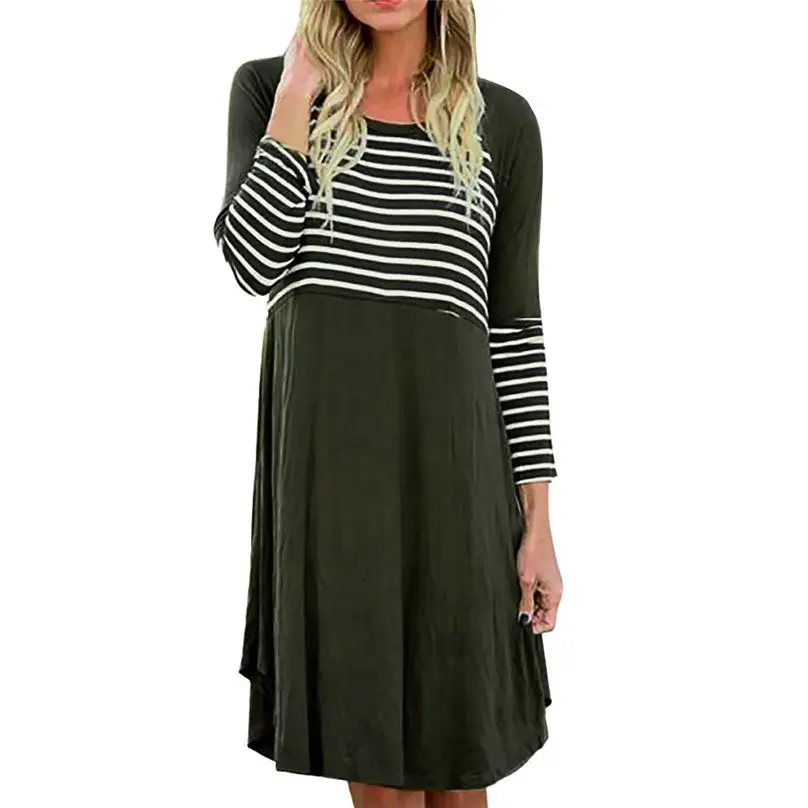 S-XXXL New Fashion Womens Dress Casual O-Neck Long Sleeves Printing Stripe Splicing Green Dress Vestidos 3O16 (2)