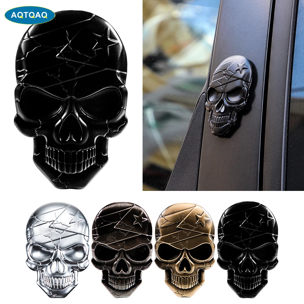 2x 3D Big Black Metal Skull Skeleton Evil Bone Car Emblem Badge