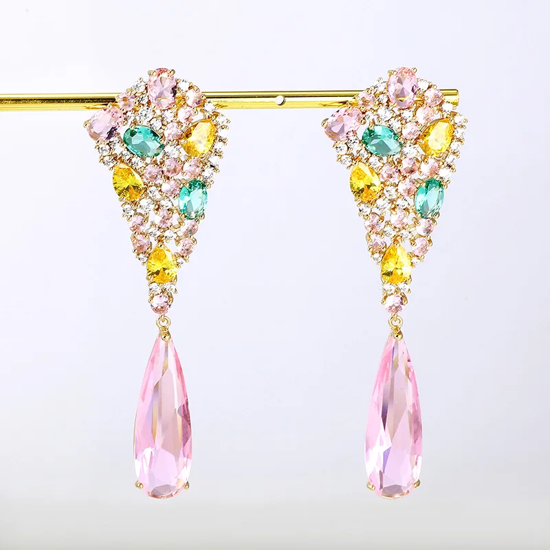 Pink Модные серьги в форме капли воды из циркония, красивые разноцветные дизайнерские роскошные свадебные ювелирные изделия, длинные серьги XIUMEIYIZU, бразильский экспорт - Окраска металла: Pink