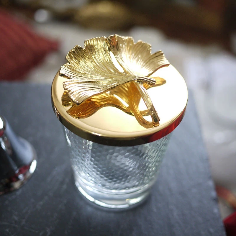 

Decorative Golden Ginkgo Leaf Cover Glass Storage Jar/Cotton Pick Toothpick Jar/Sanitary Ware Storage Products