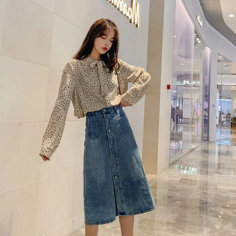 

Photo Shoot CHIC Simple Cowboy Blue Single-Breasted College Style A- line High-waisted Slimming BF Cowboy by Age Skirt Women's