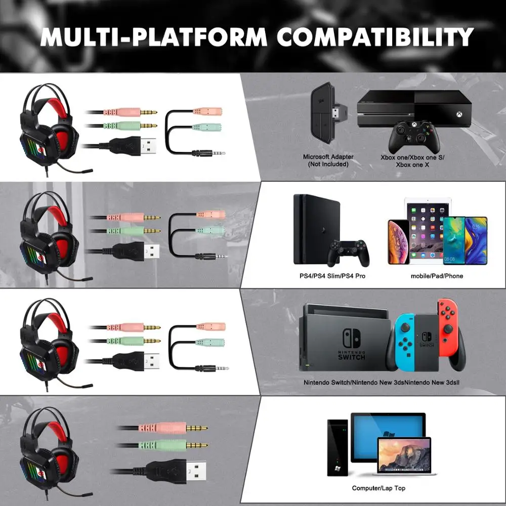 RGB Gaming Headset for PC Gamer PS4 XBOX ONE Professional Led Light Gaming Headphones Adjustable Bass Stereo Over Ear Wired