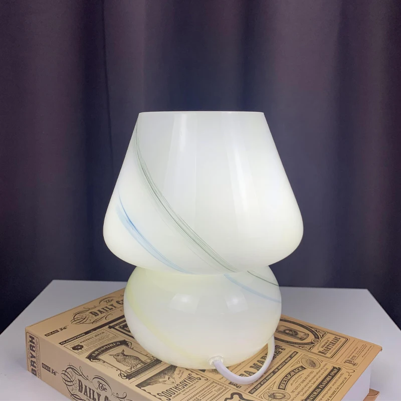 Glass LED Desk Lamp For Bedroom Bedside Korean Modern ​Striped Mushroom Table Lamp Decor Cute Glass Translucent Bedside Lamp