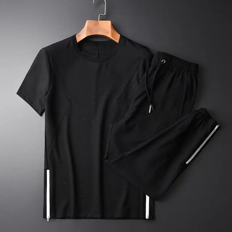 Летние мужские комплекты(T-SHIRT+ брюки) Роскошные проветриваемые повседневные мужские комплекты с коротким рукавом размера плюс 4XL брюки с эластичным поясом мужские комплекты s - Цвет: BLACK
