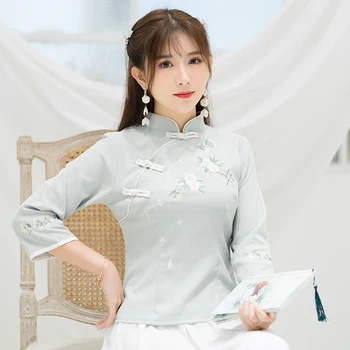 

roupas feminina clothes women traditional Chinese shirt women tops summer elegant ethnic blue white embroidery blouse