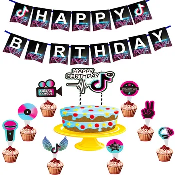 

2020 TIK Note Birthday Party Decoration Party Supplies Disposable Paper tok ups Plates Banner Straw Kids Toys Boy Baby Shower