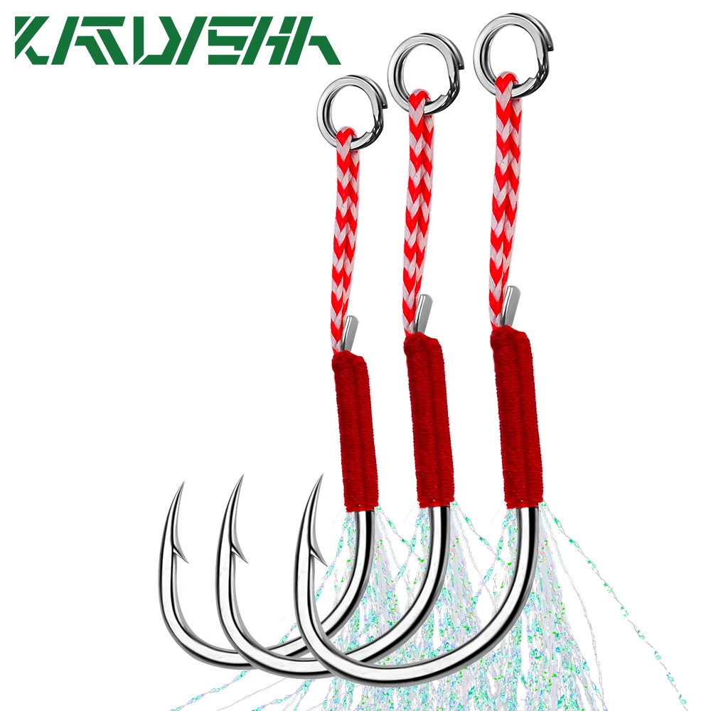 

KATYUSHA 50Pcs/lot Jig Head Fishhooks 11-13-15-16-17-18-19-20# Cast Jigging Assist Fishing Hooks with Feather Barbed Hooks
